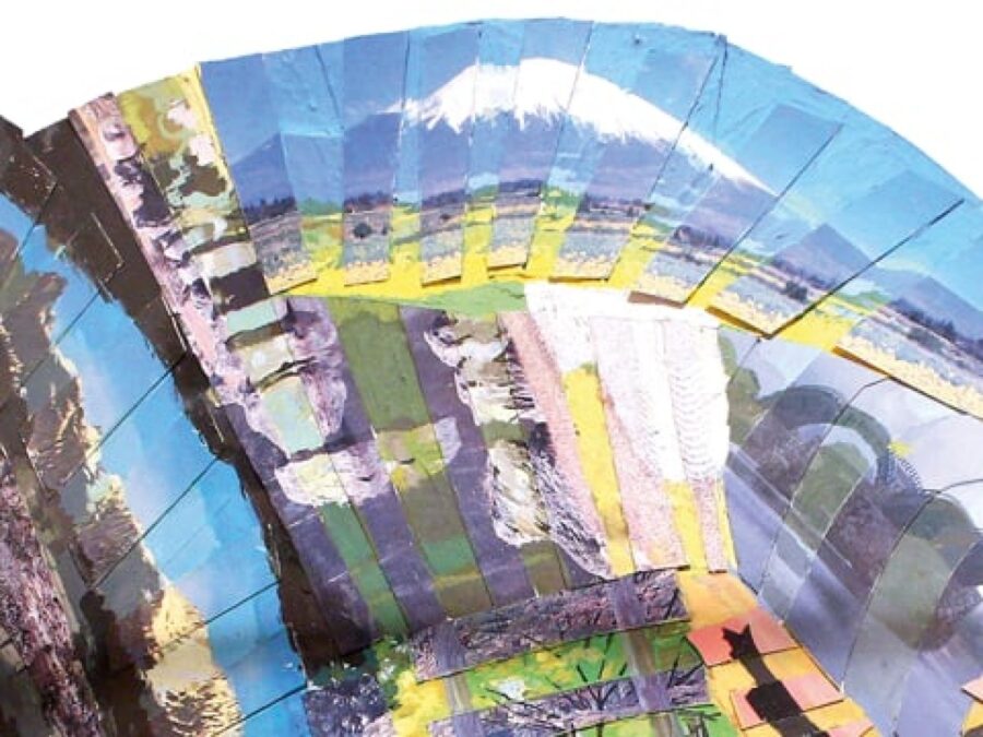 Collage of images that create several different images including a bridge and a snow-capped mountain