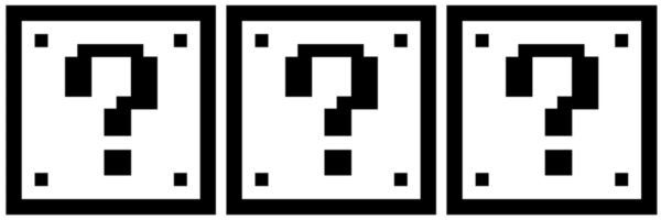 Three black and white Super Mario question mark boxes