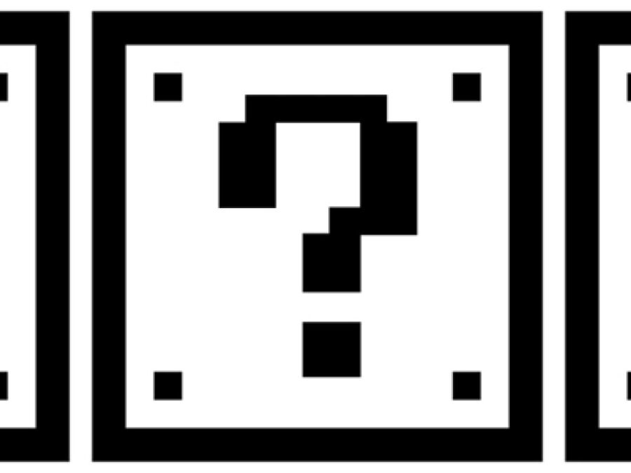 Three black and white Super Mario question mark boxes