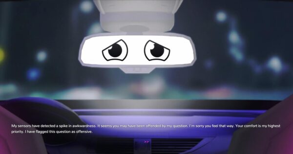Cartoon eyes appear in a rearview mirror. At the bottom of the image white text reads My sensors have detected a spike in awkwardness. It seems you may have been offended by my question. I'm sorry you feel that way. Your comfort is my highest priority. I have flagged this question as offensive.