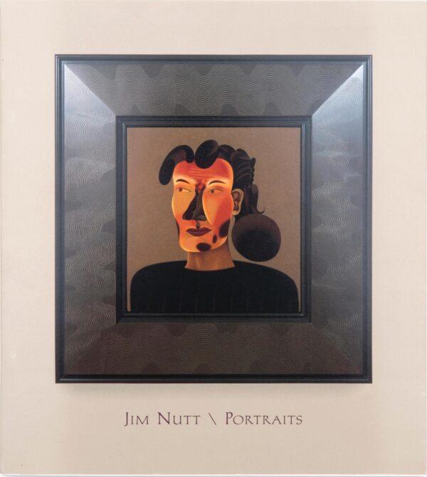 A tan book cover for Jim Nutt, Portraits featuring a silver framed image of a cubist portrait
