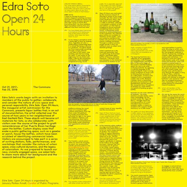 A yellow brochure with three images and a lot of text titled Edra Soto Open 24 Hours