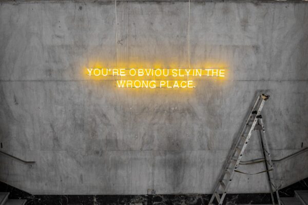A ladder next to a neon text reading You're obviously in the wrong place