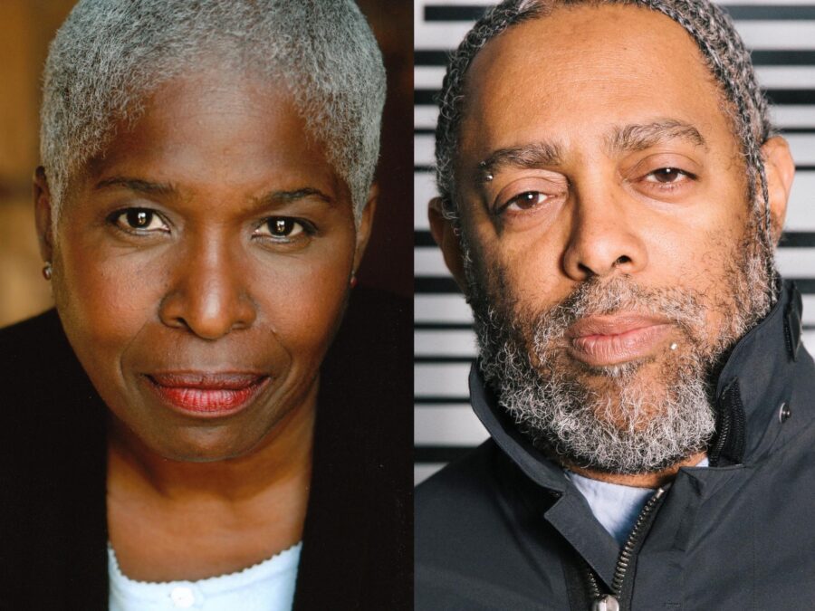 Two portraits edited together. The left of a Black woman with short grey hair and the right of a Black man with a close-trimmed salt and pepper beard