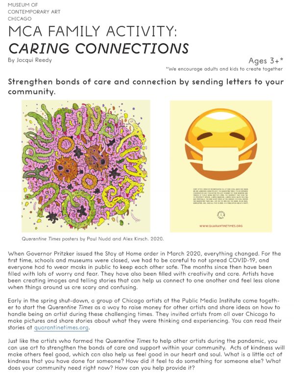 An activity guide titled MCA Family Activity: Caring Connections, featuring two images of posters, one that looks like a close up of bacteria, the other an emoji face with a mask, followed by a long intro text