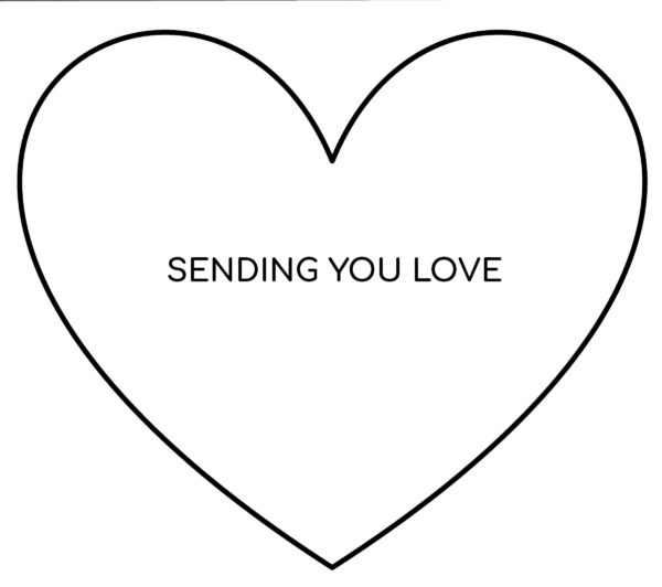 A heart with black text inside reading Sending you love