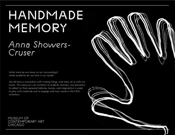 The white outlines of overlapping hands against a black background appears to the right of text reading Handmade Memory, Anna Showers Cruser
