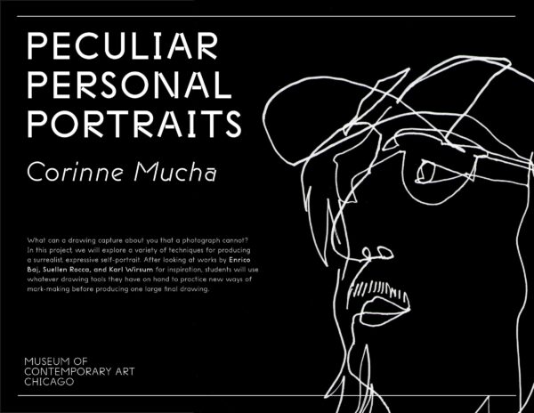 White text reading Peculiar Personal Portraits, Corinne Mucha, accompanies a line drawing of a person wearing a baseball hat