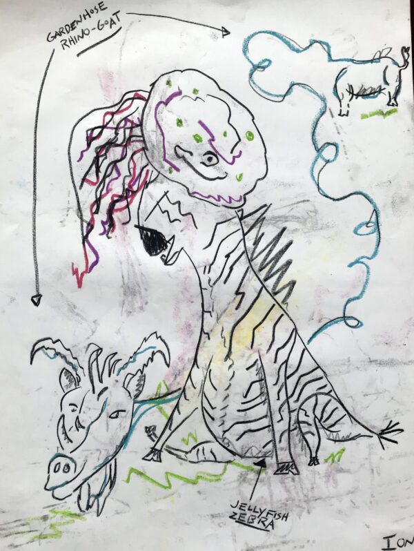 Labeled drawing of a garden hose with a rhino rear end and goat head and a zebra with a jellyfish head