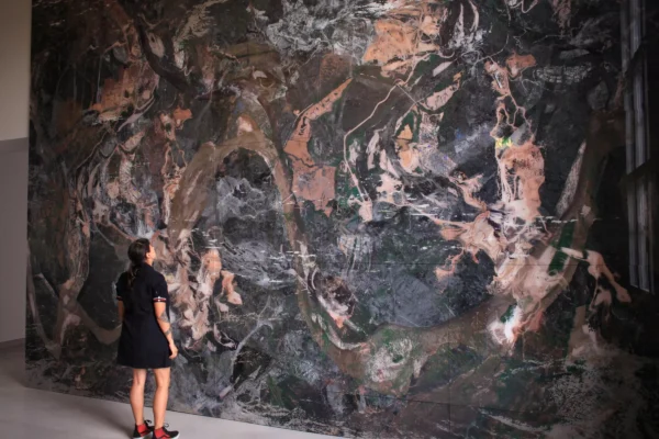 Carolina Caycedo, Yuma, or the Land of Friends, 2014. Digital prints on glass and satellite images; mural: 19 × 15 1/2 ft. (5.80 × 4.73 m). Installation view of 8th Berlin Biennale for Contemporary Art, Museen Dahlem, 2014.