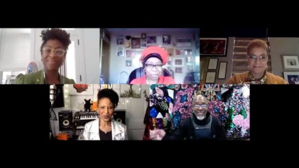 Video chat screen featuring five participants in various settings.