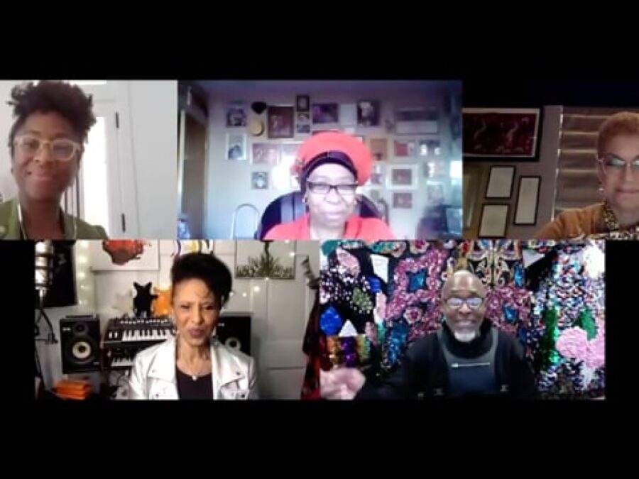 Video chat screen featuring five participants in various settings.