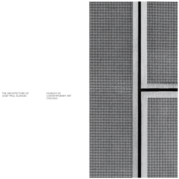 An image divided into small black text against white on the left, which reads The Architecture of Josef Paul Kleihues, and a textured grid