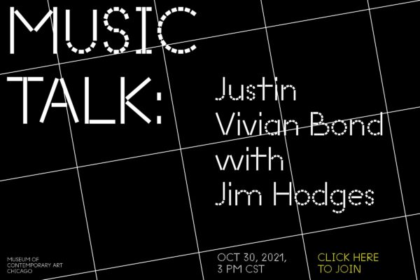 White text on a black grid reading Music Talk: Justin Vivian Bond with Jim Hodges