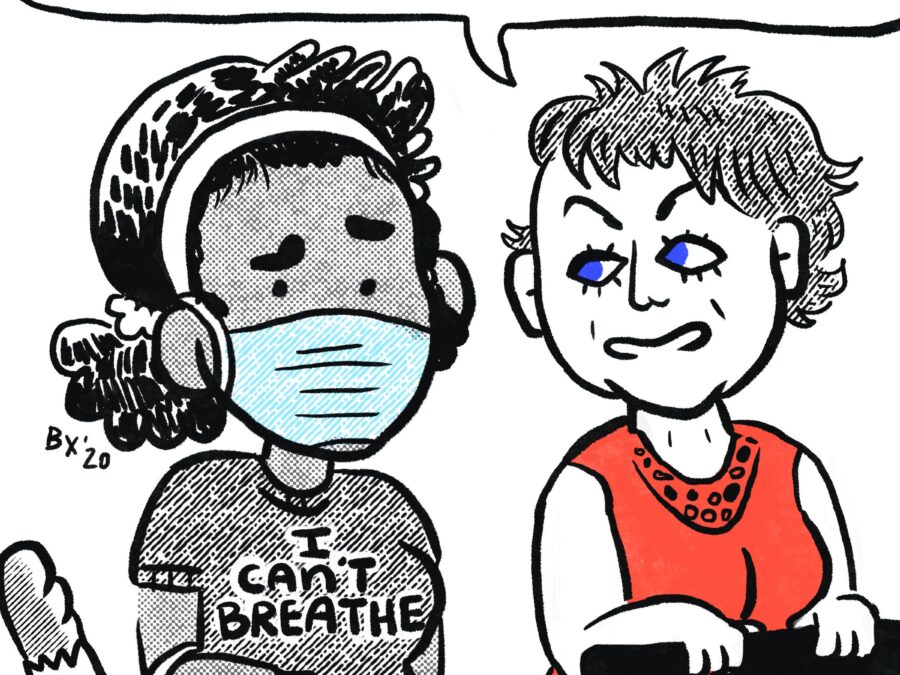 Comic of a person with light skin pushing a shopping cart with a word bubble over their head reading If you can't breathe, then take that silly mask off, to another person with dark skin and a blue medial mask wearing a I can't breathe T-shirt