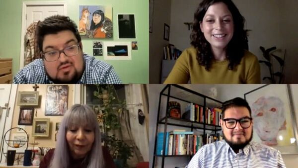 A two by two grid of four people video chatting in separate spaces