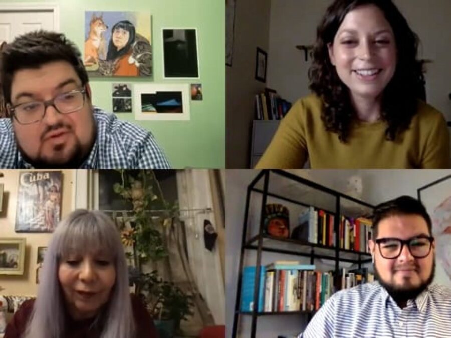 A two by two grid of four people video chatting in separate spaces