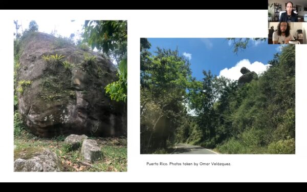 A virtual presentaton featuring two images of Puerto Rico against a white background with the caption Photos taken by Omar Velazquez. In the top right corner a small square displays two people in two rectangles, one on top of the other.