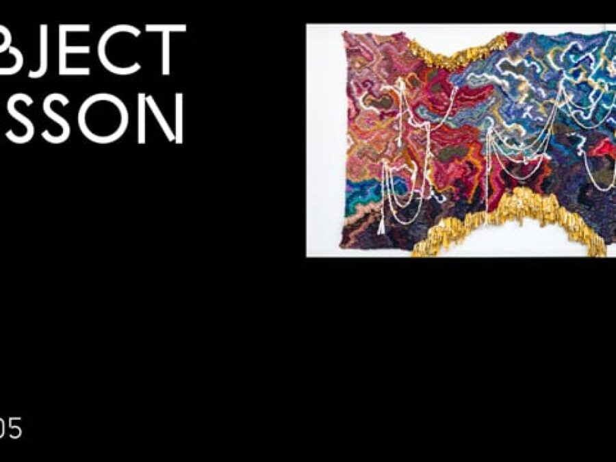 A black rectangle with the words Object Lesson in the upper left hand corner and OL 005 in the bottom left hand corner accompanied by an image of a colorful weaving on a white wall in the upper right hand corner