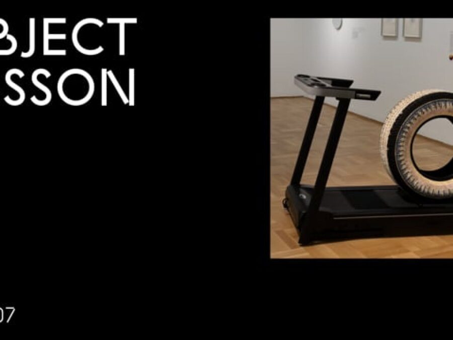 A black rectangle with the words Object Lesson in the upper left hand corner and OL 07 in the bottom left hand corner accompanied by an image of a dirty tire on a treadmill in the upper right hand corner