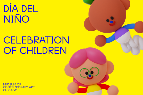 Illustration featuring two play-dough-like children and blue text reading Dia del nino celebration of children against a yellow background. The MCA's logo is in the lower left-hand corner.