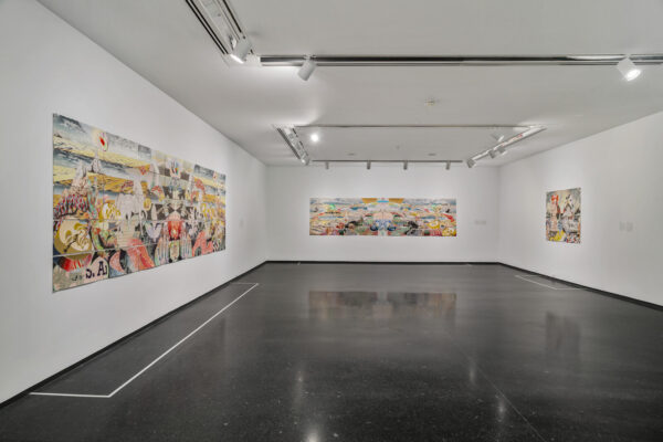 A white gallery space with three large artworks on three adjoining walls