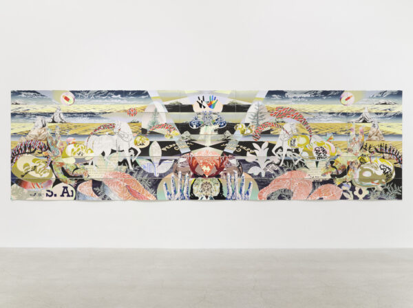 An almost mirrored image spans a grid of 42 sheets of paper and features hands, horses, and text, including the work's title: Perpetual Care