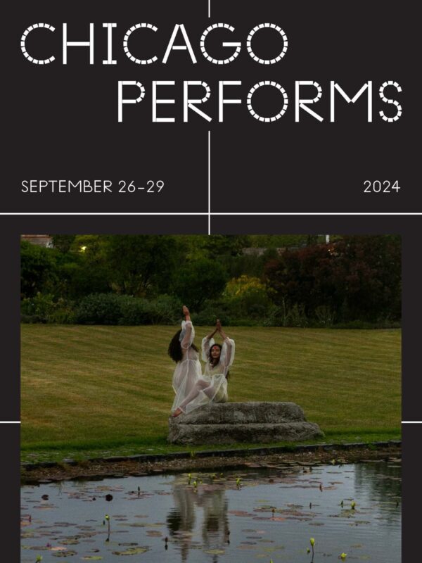Program cover for Chicago Performs September 26–29, 2024 at the MCA featuring an image of two people in white dresses dancing near a pond