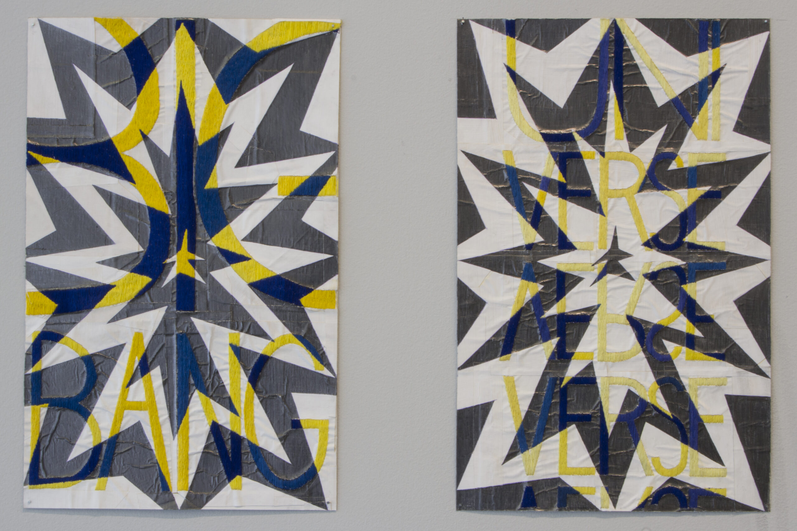Two paintings of stylized comic bangs in alternating grays and whites with yellow accents