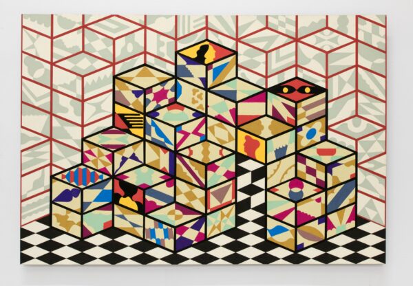 A drawing of a series of blocks on a black and white checkerboard floor. The middle blocks have vibrate patterns on all three visible sides.