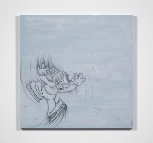 A blurry Mickie Mouse style line drawing appears to be jumping against a bluish-white background