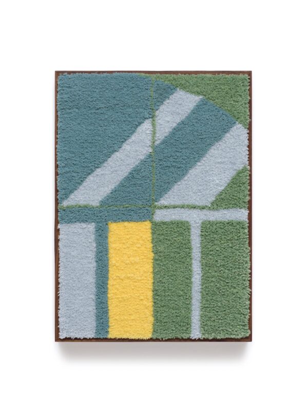 Punch needle style abstract work in teal, green, gray, and yellow.