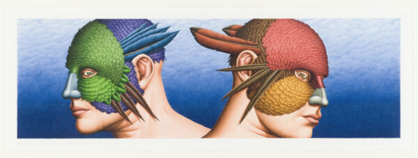 Drawing of two people with light, cream-toned skin facing in either direction against a blue background that fades vertically. Both wear bird-like masks, one green and one red.