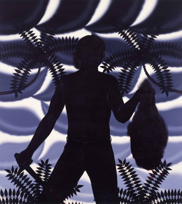 Dark illustration of a silhouette holding a large item in their left hand against a background of blue abstract waves and fern-like plants