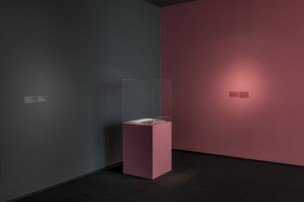 A room with a gray and a pink adjoining wall. A pink pedestal is placed against the gray wall.