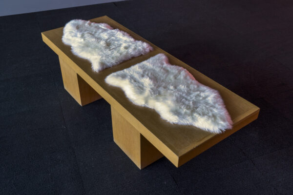 A wooden bench covered in two cloud like pads made of fur