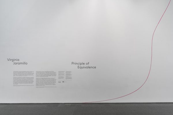 Title wall text for exhibition with red line on white wall spanning from floor up in slight curves