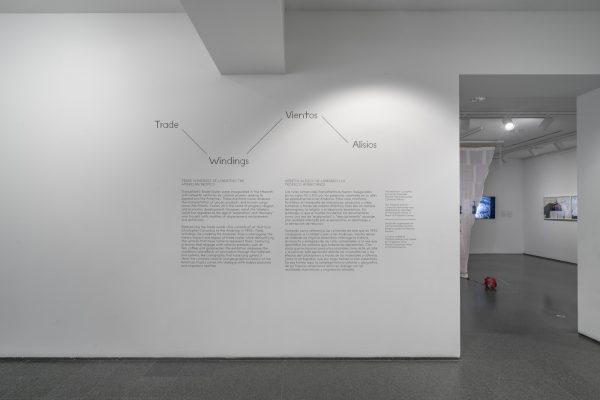 Gallery text on a white wall near a doorway leading to artworks.