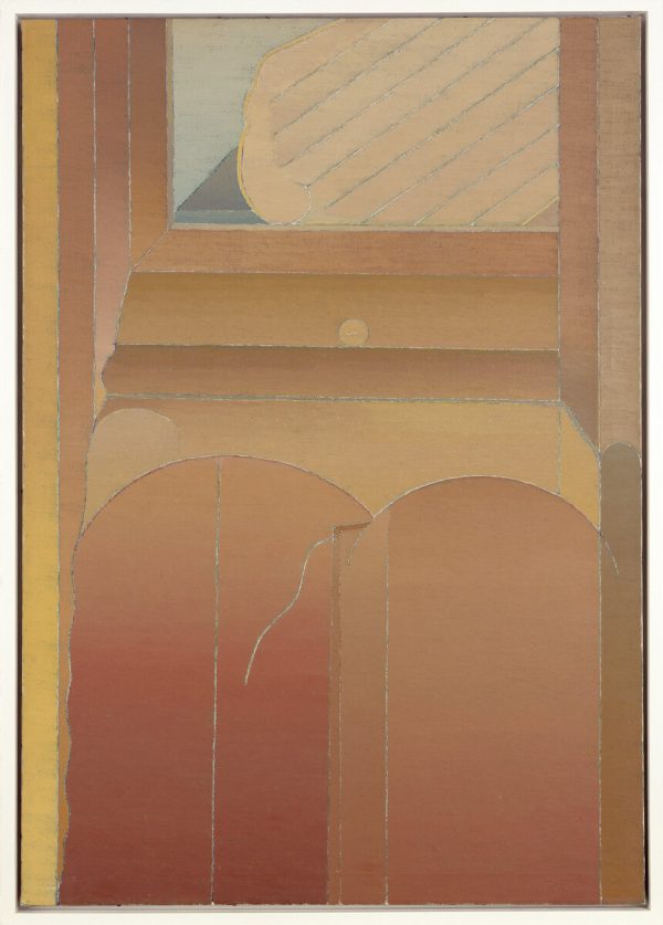 Blues, oranges, and corals wash the canvas depicting abstract geometric shapes.