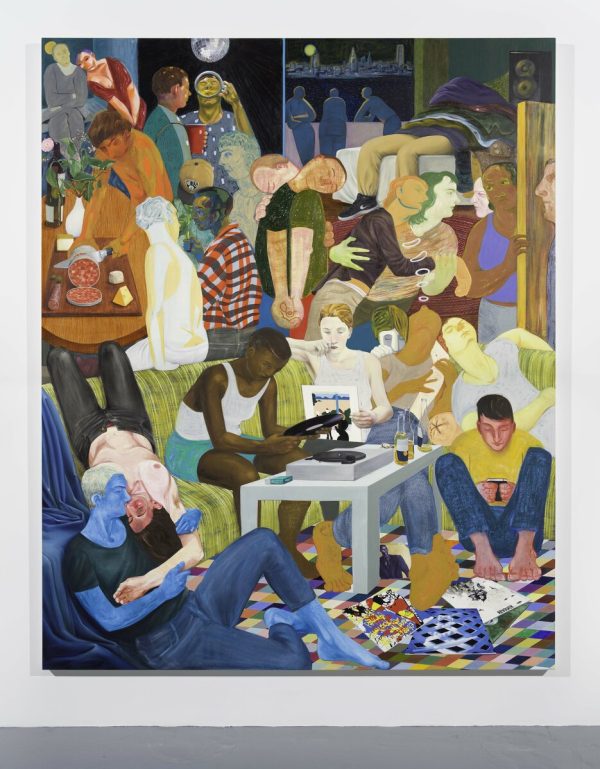 A flattened field depicting a party scene with various vignettes of people interacting with each other, including a couple dancing, someone passed out under a pile of coats on a bed, and a couple kissing.