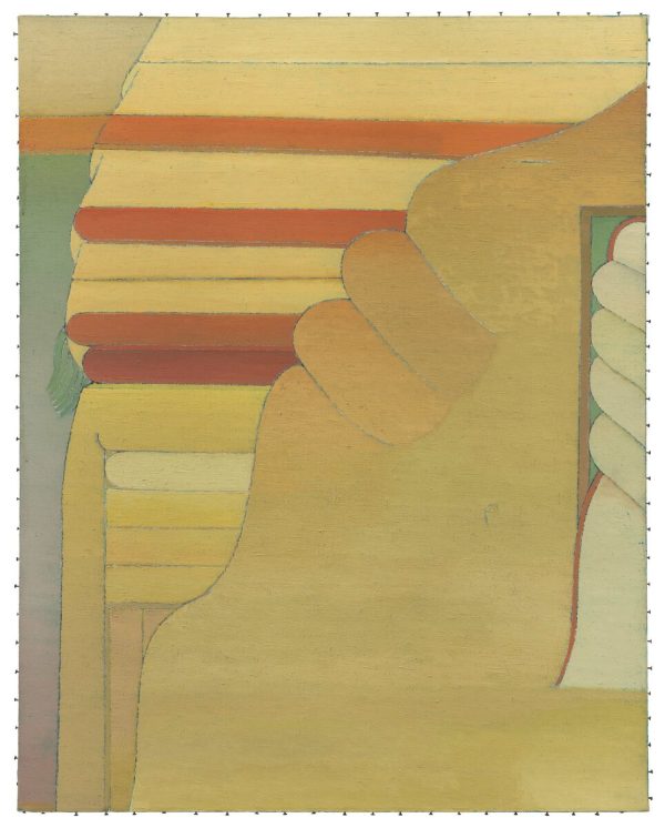 An abstract painting in muted tones of orange, yellow, and green and made up of four distinct layered forms.