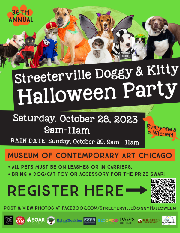 A green poster filled with pictures of dogs in costumes at the top, white text with a black background reading Streeterville Doggy and Kitty Halloween Party in the middle with dates, and a QR code for registration.