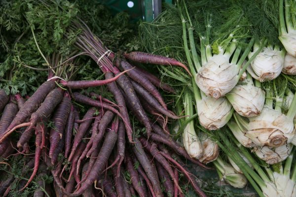 Close up of bunches of purple carrots and fennel bulbs