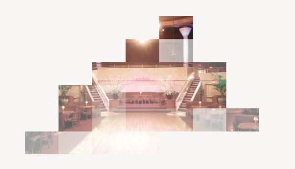 Against a white background, several rectangles of varying levels of visibility reveal an incomplete image of a large, columned room with small tables organized around a dance floor.
