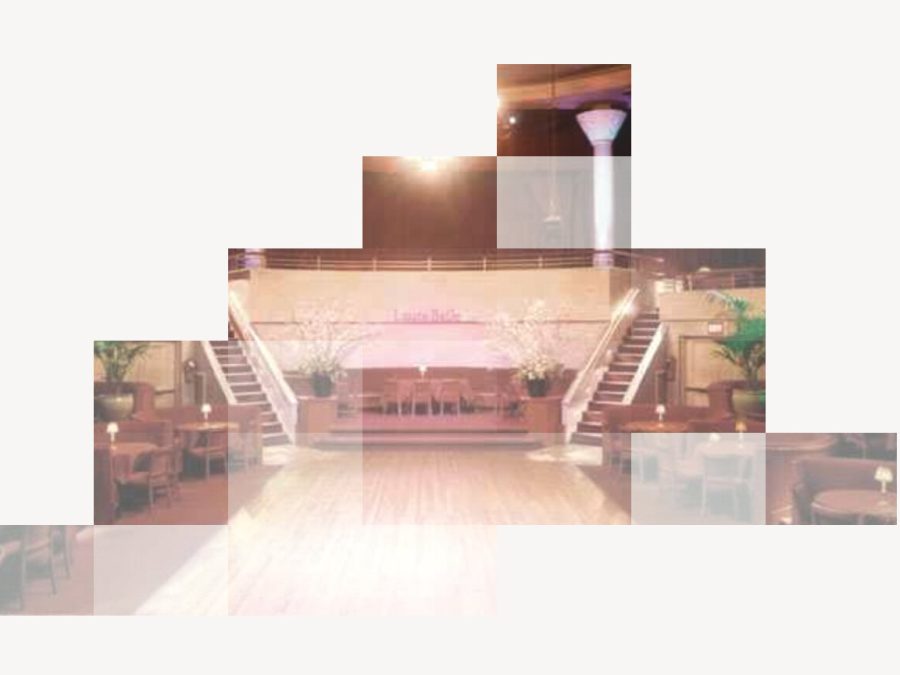 Against a white background, several rectangles of varying levels of visibility reveal an incomplete image of a large, columned room with small tables organized around a dance floor.