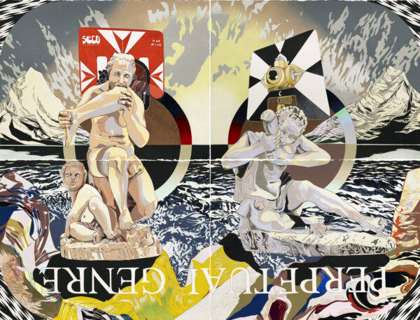 Painting with two statues eating legs in the middle of a seascape. At the bottom the title of the work appears upside down.