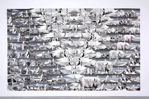 A six by ten rectangular grid with scenes that slowly change, creating a v shape when viewed as a whole