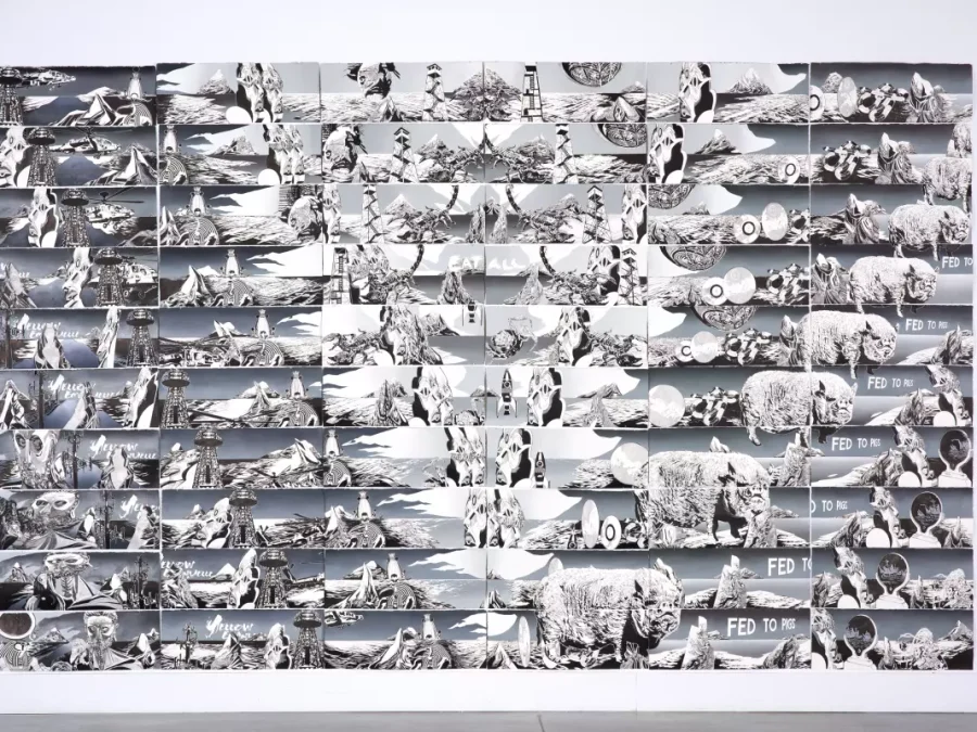 A six by ten rectangular grid with scenes that slowly change, creating a v shape when viewed as a whole