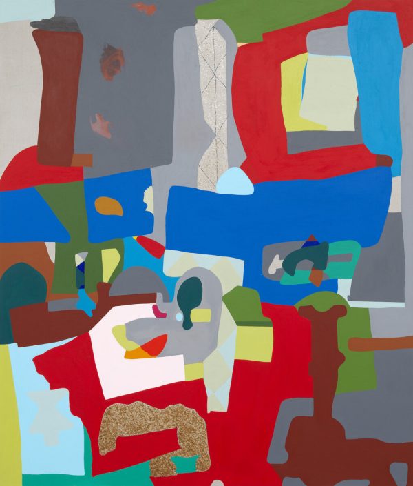 A bold, abstract work featuring a composition of overlapping shapes and forms in various colors including blue, red, gray, and brown.