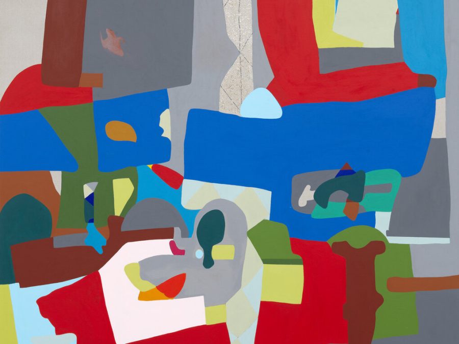 A bold, abstract work featuring a composition of overlapping shapes and forms in various colors including blue, red, gray, and brown.
